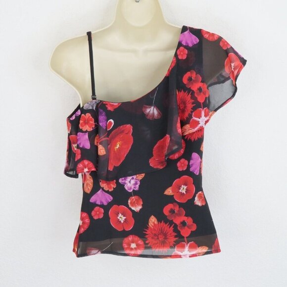 GUESS Womens Extra Small XS Red Flower Floral Ruffle Shoulder Tank Top Shirt - Picture 4 of 9